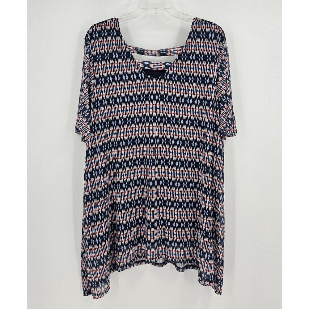 Catherines Womens Mesh Overlay Lined Top 2X Red Blue Patten Short Sheer Sleeve - Picture 3 of 5